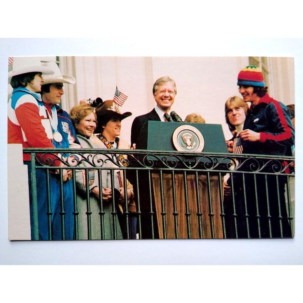 President Jimmy Carter Postcard With USA Olympic Hockey Sports Team 1980